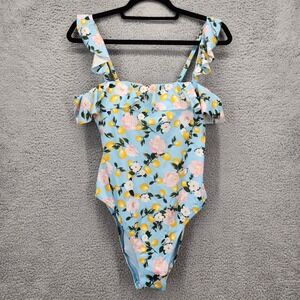 Victoria's Secret Large‎ One Piece Swimsuit Blue Lemon Floral Ruffle Swimwear